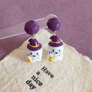 Cute Kawaii Halloween Spooky Purple Witch Hat Ghost Drop Earrings